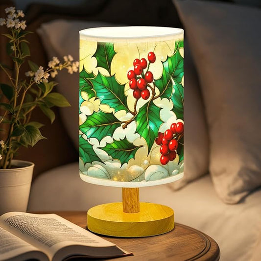 Holly Table Lamp LED 3-Color Pressed Bedside, Holly Shade Lamp with Wood Base for Bedroom Living Room Desk Office