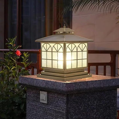 All Copper Steel Glass Outdoor Post Lights, Waterproof Pillar Light, Vintage Patio Lawn Column Lamp,Outdoor Column Lights,Deck Lights, Lantern Fence Lamp Fixture E26 Base (Arch Glass, 12X12IN)