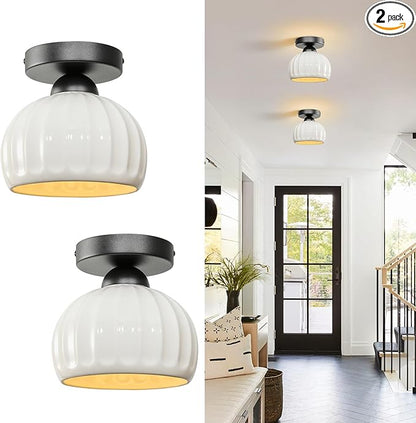 Black Semi Flush Mount Ceiling Light - 2 Pack, Glaze Ceramic Vintage Hallway Light Fixtures, Milk White Globe Ceiling Lights, Mid Century Small Light Fixture for Cottage Entryway Laundry Room Foyer