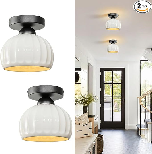 Black Semi Flush Mount Ceiling Light - 2 Pack, Glaze Ceramic Vintage Hallway Light Fixtures, Milk White Globe Ceiling Lights, Mid Century Small Light Fixture for Cottage Entryway Laundry Room Foyer