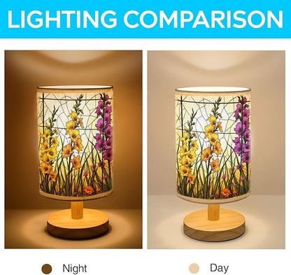 Gladiola Table Lamp LED 3-Color Pressed Bedside, Gladiola Shade Lamp with Wood Base for Bedroom Living Room Desk Office