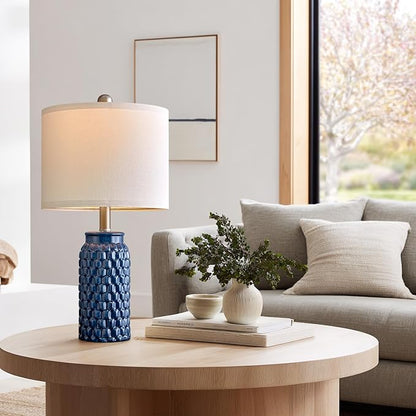 20.5" Set of 2 Bedside Table Lamps Modern Blue Honeycomb Ceramic - Linen Shade, E26 Knob Switch for Living Room, Bedroom & Nightstand