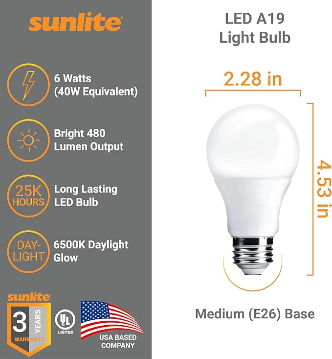 Sunlite LED A19 Light Bulb, 6 Watts (40 Watt Equivalent), 480 Lumens, 120 Volts, Dimmable, Medium E26 Base, UL Listed, RoHS, 6500K Daylight, 12 Pack