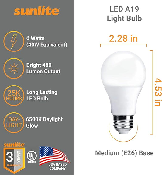Sunlite LED A19 Light Bulb, 6 Watts (40 Watt Equivalent), 480 Lumens, 120 Volts, Dimmable, Medium E26 Base, UL Listed, RoHS, 6500K Daylight, 12 Pack