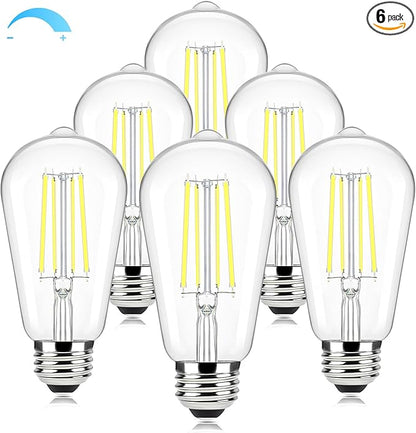Brightever Vintage LED Edison Bulbs 60 Watt Equivalent, Dimmable 5000K Daylight White Light Bulbs, 7W, 850LM E26 LED Bulb, 90+CRI, ST58 Clear Glass Antique Decor Filament Lightbulbs for Room, 6-Pack