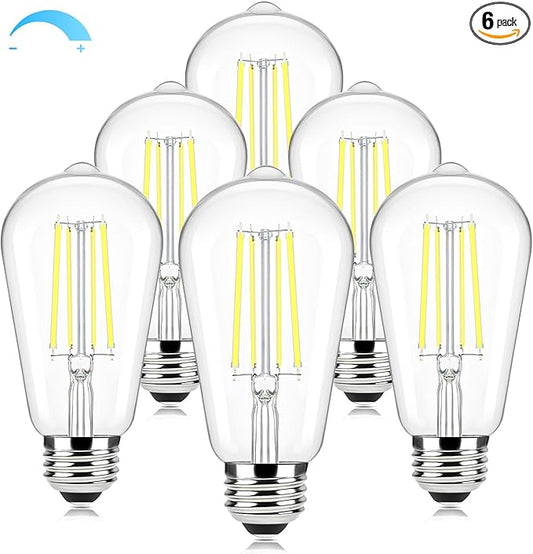 Brightever Vintage LED Edison Bulbs 60 Watt Equivalent, Dimmable 5000K Daylight White Light Bulbs, 7W, 850LM E26 LED Bulb, 90+CRI, ST58 Clear Glass Antique Decor Filament Lightbulbs for Room, 6-Pack