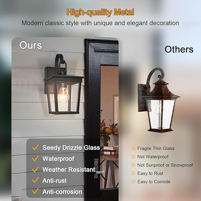 ALVIME Outdoor Wall Light Fixtures, 11 Inch 2 Pack Black Waterproof Outdoor Sconce Lights, Exterior Wall Lanterns, Porch Outside Lighting for Entryway, Backyard, Patio, E26 Base, Clear Seeded Glass