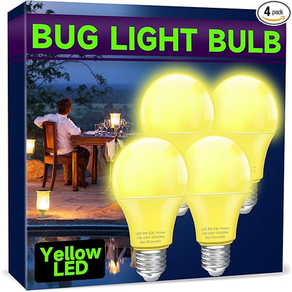 UNILAMP Yellow LED Bug Light Bulbs, A19 Outdoor Yellow Bug Light Bulb, 9W Equivalent 60W, Yellow Bug Light Bulbs for Outside, E26 Base for Porch, Holiday Party Decoration, Non-Dimmable, 4 Pack