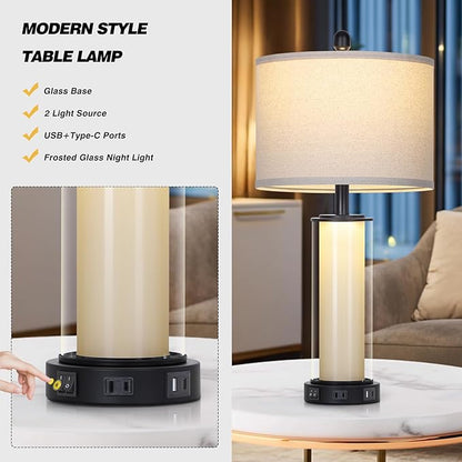 26" Black Glass Table Lamps Set of 2, Modern Bedroom Lamps with Built-in Frosted Glass Night Light , Tall Living Room Lamp with USB C+A Ports & Outlet, Bedside Lamp for Nightstand Side End Decoration