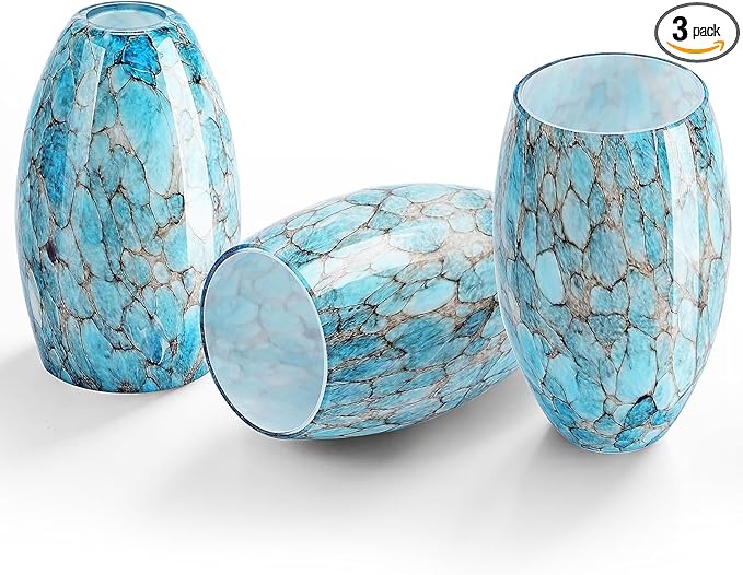 Oval Glass Lamp Shade for Pendant Lights, Blue Glass Lampshades Cover Replacement for Kitchen Island Hanging Ceiling Chandelier, 7.64x4.71" with 1.65" Fitter, Light Bulb Fixture Cover 3 Pack