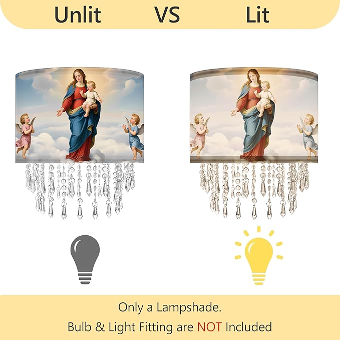 Madonna & Child Lamp Shade with Acrylic Bead Droplets, Drum Fabric Light Shade for Ceiling Pendant Table & Floor Lamps, Religious Catholic Christian Church Prayer, 11.8in
