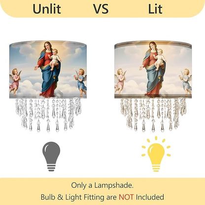 Madonna & Child Lamp Shade with Acrylic Bead Droplets, Drum Fabric Light Shade for Ceiling Pendant Table & Floor Lamps, Religious Catholic Christian Church Prayer, 11.8in