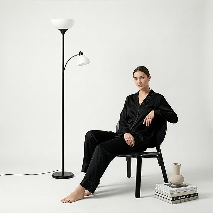 Brightech Sky Dome Plus LED Floor lamp, Torchiere Super Bright Floor Lamp with Reading Lamp for Living Rooms & Offices - Dimmable Tall Standing Lamp for Bedroom Reading - Black