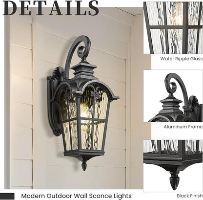 Outdoor Wall Sconce Light Exterior Lighting Fixtures in Black Finish 31 Inch Height Large Size Outdoor Wall Lights with Water Ripple Glass E26 Socket Waterproof