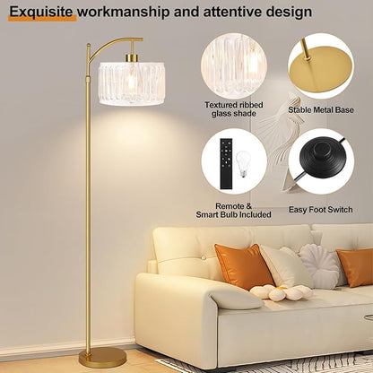 Glass Floor Lamp for Living Room,Bedroom,Gold Dimmable Standing Lamp with Remote,Brass White Tall Lamp Boho Mid Century Modern Floor Lamps Arc Floor Light Lamp Girls Kids Bohemian