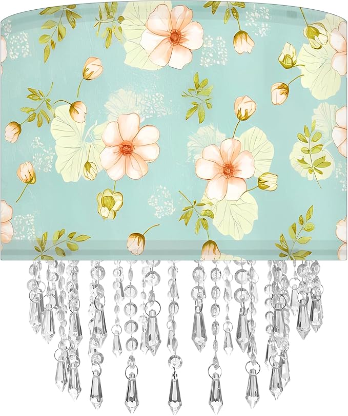 Spring Flower Lamp Shade with Acrylic Bead Droplets, Teal Wild Floral Fabric Light Shade for Pendant Table & Floor Lamps, Nature Decor for Garden Women, 11.8in