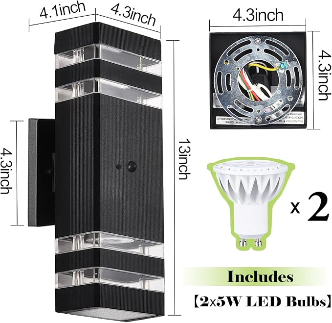 Motion Sensor Outdoor Lights for House, Porch Lights Outdoor Wall Lights Dusk to Dawn, IP65 Waterproof Exterior Lighting Fixtures, Black Aluminum Square Up and Down Lights Modern Wall Sconces 1 Pack