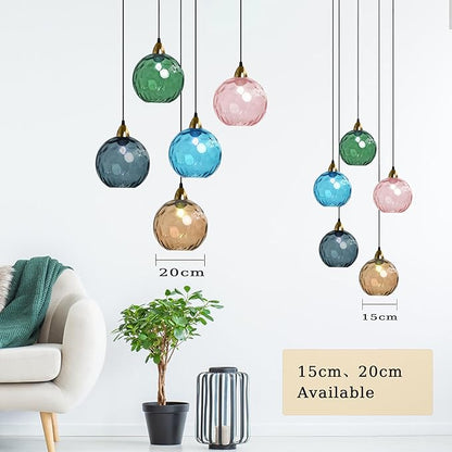 20cm/7.9’’ Industrial Vintage Spherical Glass Pendant Light, E26 Ceiling Hanging Lamp, Gold Finish & Ripple Glass Globe Shade, Dining Room Bedroom Chandelier (Azure Blue)