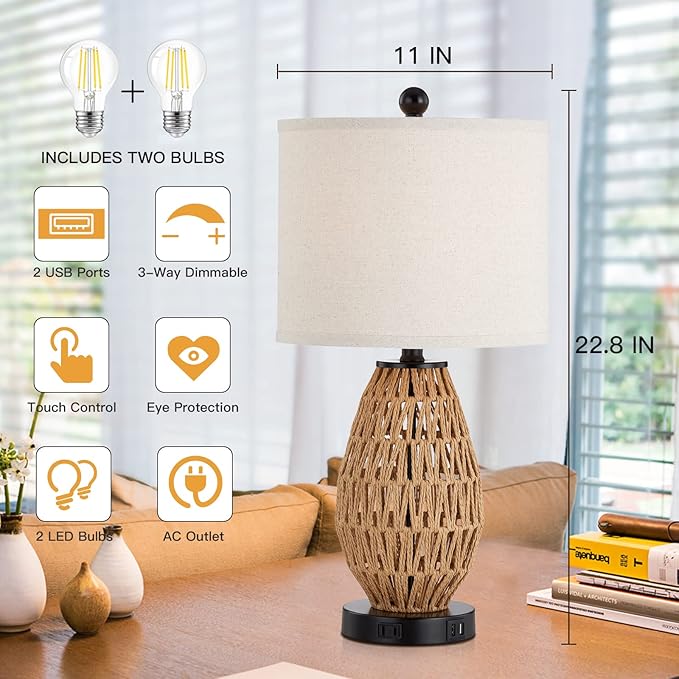 Touch Control Rattan Table Lamps, 3 Way Dimmable Bedside Lamps for Bedroom Set of 2 with 2 USB Ports and AC Outlet, Wicker Nightstand Lamps for Living Room (LED Bulbs Included), Rattan