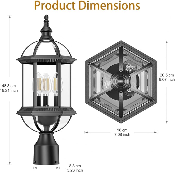 Outdoor Post Lights,19.21" 3-Light Lamp Post Light Fixture,Hardwired 120V Exterior Waterproof Pole Lighting,Modern Black Aluminum Lantern for Garden, Yard, Patio, Pathway