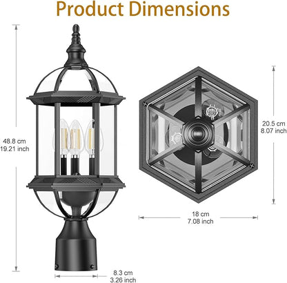 Outdoor Post Lights,19.21" 3-Light Lamp Post Light Fixture,Hardwired 120V Exterior Waterproof Pole Lighting,Modern Black Aluminum Lantern for Garden, Yard, Patio, Pathway