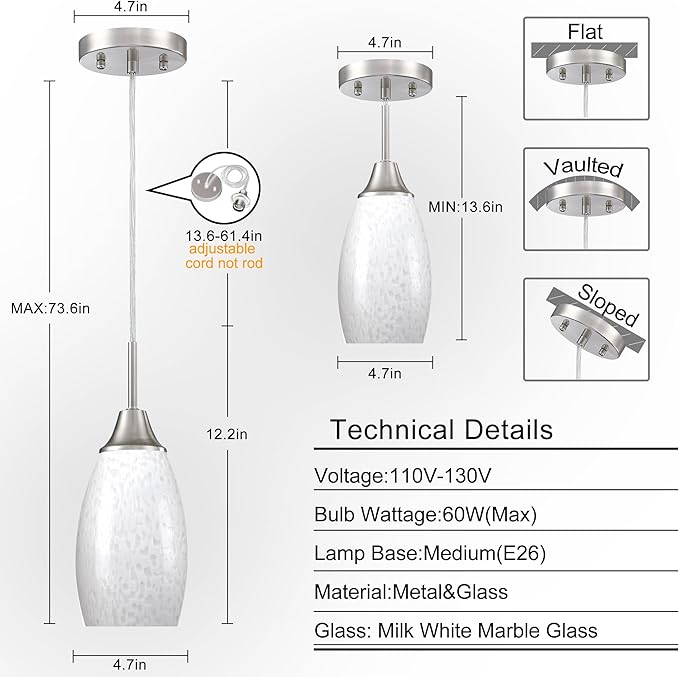 Mini Glass Pendant Light 4.72" with Handblown Milk White Marble Art Glass Hanging Light 3-Pack Oval Ceiling Hanging Light Fixture for Dining Room Kitchen Island Cafe Foyer Hallway