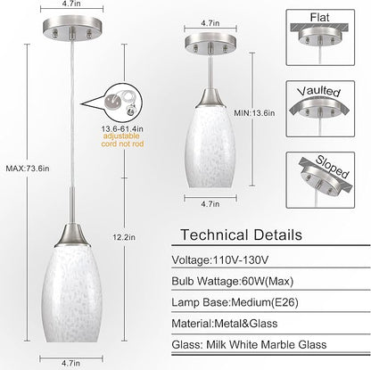 Mini Glass Pendant Light 4.72" with Handblown Milk White Marble Art Glass Hanging Light 1-Pack Oval Ceiling Hanging Light Fixture for Dining Room Kitchen Island Cafe Foyer Hallway