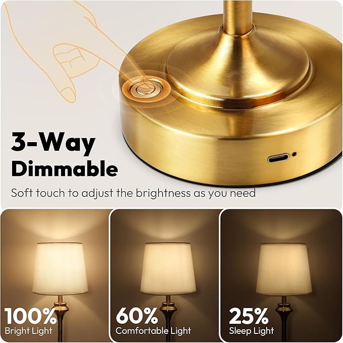 NIORSUN Portables Cordless Table Lamp Set of 2, Battery Operated Lamp, Bedside Table Lamp with Warm White,3 Way Dimmable Touch Desk Lamp for Bedroom Living Room Restaurant Whtie Shade (Gold)