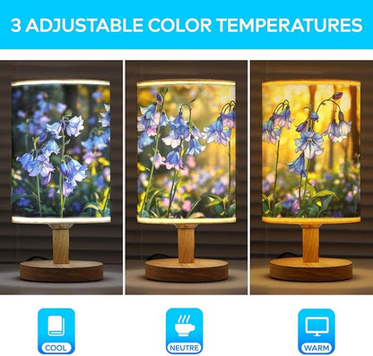 Bluebell Table Lamp LED 3-Color Pressed Bedside, Bluebell Shade Lamp with Wood Base for Bedroom Living Room Desk Office TL01