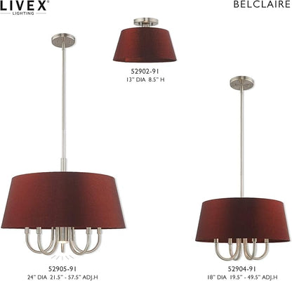 Livex Lighting 52905-91 Belclaire - Six Light Chandelier, Brushed Nickel Finish with Red Wine Fabric Shade