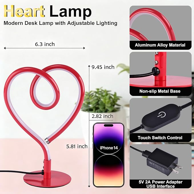 Red Table Lamp – 3CCT 2700K 4000K 6500K Stepless Dimmable Heart Lamp, Touch Control Aluminum Bedside Lamps with USB Adapter, for Bedroom,Girls Room,Nightstand,Desk