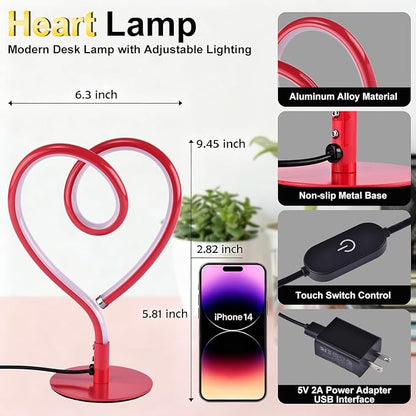 Red Table Lamp – 3CCT 2700K 4000K 6500K Stepless Dimmable Heart Lamp, Touch Control Aluminum Bedside Lamps with USB Adapter, for Bedroom,Girls Room,Nightstand,Desk
