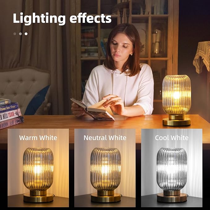 Bedside Table Lamp with Glass Shade, Small Nightlight Lamp Elegant Gray Ribbed Glass Nightstand Lamp Modern Desk Lamp with Plug-in Style for Bedroom Living Room Tabletop Dia5.9 x H9.8