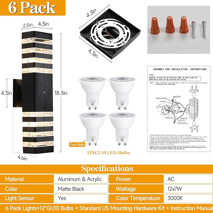18.3 Inches Dusk to Dawn Outdoor Lighting,Up and Down Exterior Light Fixtures with 4 * 7W LED Bulbs,Waterproof Modern Long Outdoor Wall Light,Black Outdoor Porch Light for House,6 Packs