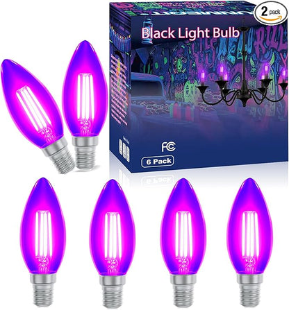 6 Pack Filament LED Candle Black Light Bulbs, 5W C35/B11 E12 Base,UVA Level 390-400nm, Glow in The Dark for Halloween Party, Body Paint, Neon Glow, Fluorescent Posters Decor