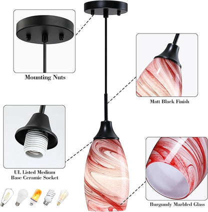 Mini Glass Pendant Light,3-Pack Handblown Burgundy Marble Art Glass Hanging Light 4.72" Oval Ceiling Hanging Light Fixture for Dining Room Kitchen Island Cafe Foyer Hallway