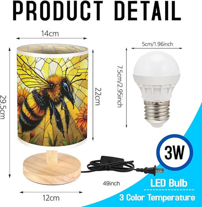 Bee Table Lamp LED 3-Color Pressed Bedside, Bee Shade Lamp with Wood Base for Bedroom Living Room Desk Office TL01