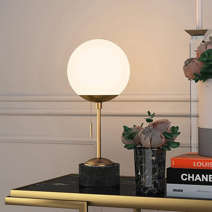 Reagan 17.75" Tall Table Lamp with Glass Shade in Brass/ Black Marble/White Milk