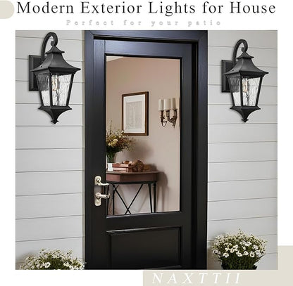 Outdoor Wall Sconce 14.6 Inch Height Aluminum Exterior Lighting Fixtures with Water Ripple Glass E26 Socket and Black Finish