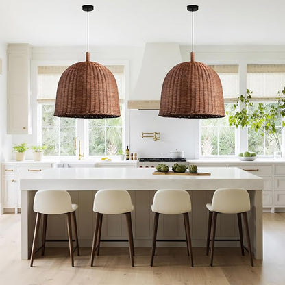 3-Light Dark Curry Rattan Pendant Light,17.7" Rustic Hanging Light,Brown Wicker Pendant Light Hand-Woven Rattan Chandelier for Workplace Restaurants Dining Living Kitchen Farmhouse