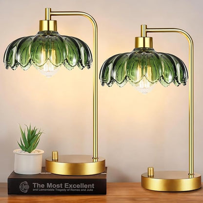 Glass Table Lamp Set of 2,Small Gold Bedside Lamps Dimmable Boho Bedroom Lamp with Tulip Flower Green Lamp Shade,Vintage Mid Century Modern Mini Nightstand Lamp for Bedroom Living Room