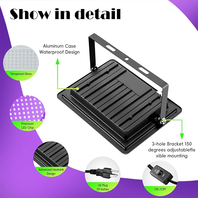 4 Pack 100W LED Black Lights, Blacklight Flood Light with Plug & Switch, IP66 Outdoor Waterproof Blacklight for Halloween Party, Stage Light, Body Paint, Neon Glow 110V~265V AC