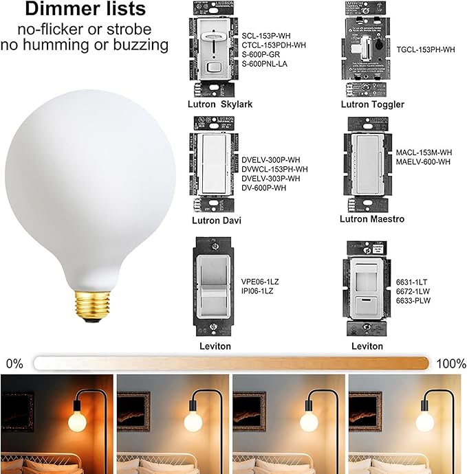 Leools LED Light Bulb G40 Dimmable Flick-Free Matt 4W Frosted Glass CRI95 Warm White 438LM, 40W Equivalent Vintage LED Edison Globe Filament Light Bulb,E26 Base, 1 Pack