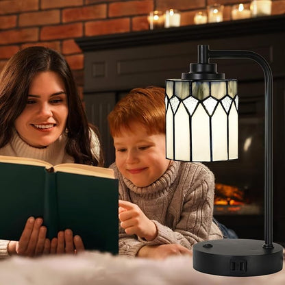 TL0019 Tiffany Table Lamp with 2 USB Charging Ports, Desk Lamp with Geometric Stained Glass Lamp Shade, Retro Nightstand H 14.5" for Bedrooms Office Study, LED Bulbs Included (Grey)