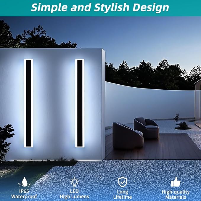 Mikeru 2Pack 47.2inch Long Led Wall Light, 6000k Cool White Modern Outdoor Wall Light Ip65 Waterproof Black Acrylic Porch Exterior Lighting Fixtures, Exterior Wall Mount Lights