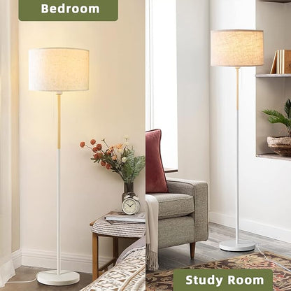 Bedroom Floor Lamp Farmhouse Floor Lamps for Living Room Mid-Century Pole Lamp Linen Lamp Shade, Standing Tall Lamps for Bedrooms and Office (White)