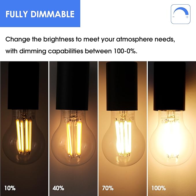 Energetic Dimmable A19 LED Edison Light Bulb, 12W Equivalent 100W, 1600LM High Brightness, 3000K Warm White, Clear Antique LED Filament Bulb for Home, Bathroom, E26 Standard Base, 4-Pack