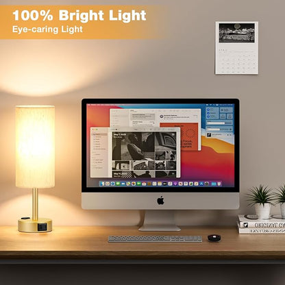 Gold Touch Table Lamps Set - 3 Way Dimmable Bedroom Lamps with USB C and A Ports, Small Lamps for Nightstand with AC Outlet, Gold Base Round Flaxen Shade for Desk, Office, Dorm, Nursery