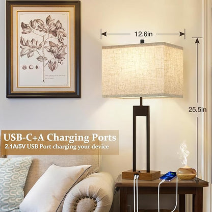 GyroVu 25.5'' Set of 2 Modern Bedroom Table Lamps with USB C+A Ports, Color Changeable, Brown Night Stand Lamps for Bedside, Guest Room, Office, Reading