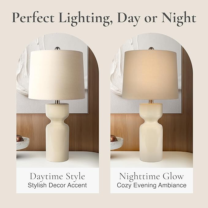 Abani Table Lamp Carlotta Gloss Cylinder 23” – Cream Ceramic Base with Linen Shade – E26 Bulb Included – Modern Desk Lamp for Bedroom, Living Room Lamp, or Entryway